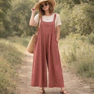 NWT Wide Leg Overalls Womens Sz M Rose Pink Bib Jumpsuit Pockets Boho Lagenlook